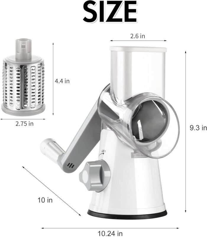 Ourokhome Rotary Cheese Grater Hand Crank, Kitchen Shredder Speed Mandolin Slicer Ice Shaver with Handle and Drum Blades for Cheese, Vegetable, Nuts, Chocolate, Potato, Carrot, 5 Blades, White - Image 9