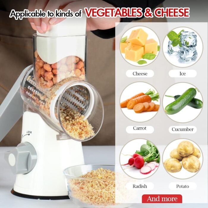 Ourokhome Rotary Cheese Grater Hand Crank, Kitchen Shredder Speed Mandolin Slicer Ice Shaver with Handle and Drum Blades for Cheese, Vegetable, Nuts, Chocolate, Potato, Carrot, 5 Blades, White - Image 2