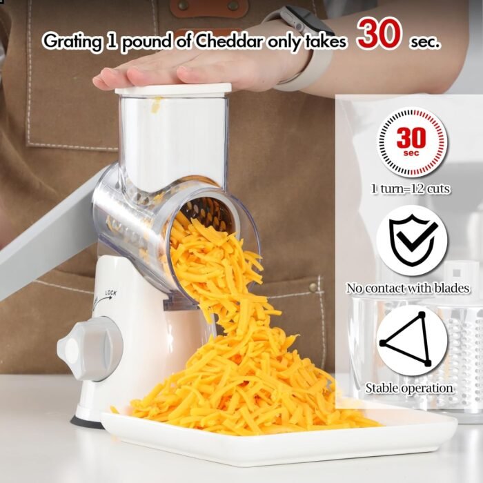 Ourokhome Rotary Cheese Grater Hand Crank, Kitchen Shredder Speed Mandolin Slicer Ice Shaver with Handle and Drum Blades for Cheese, Vegetable, Nuts, Chocolate, Potato, Carrot, 5 Blades, White - Image 8