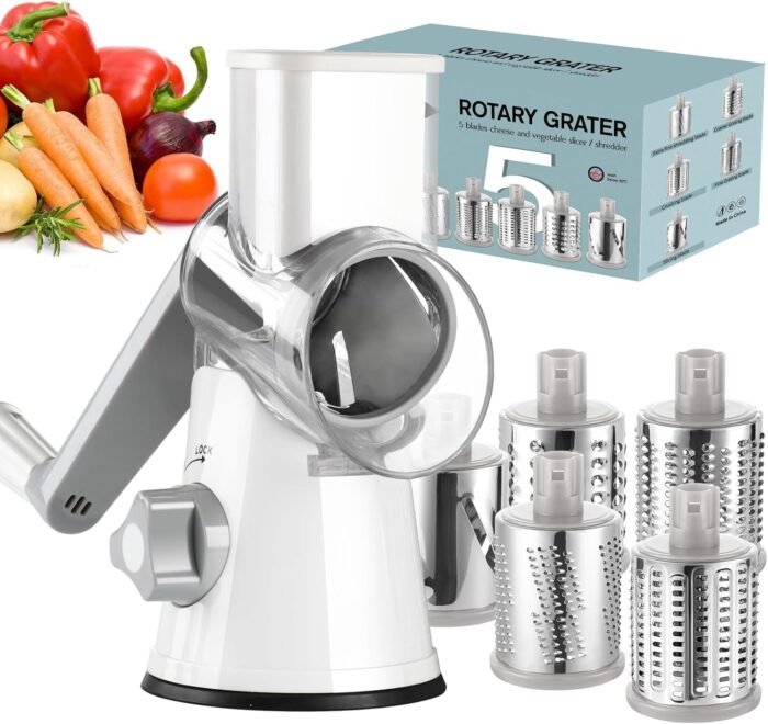 Ourokhome Rotary Cheese Grater Hand Crank, Kitchen Shredder Speed Mandolin Slicer Ice Shaver with Handle and Drum Blades for Cheese, Vegetable, Nuts, Chocolate, Potato, Carrot, 5 Blades, White - Image 1