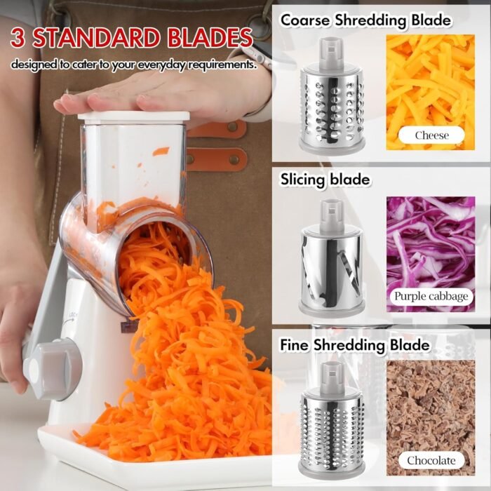 Ourokhome Rotary Cheese Grater Hand Crank, Kitchen Shredder Speed Mandolin Slicer Ice Shaver with Handle and Drum Blades for Cheese, Vegetable, Nuts, Chocolate, Potato, Carrot, 5 Blades, White - Image 3