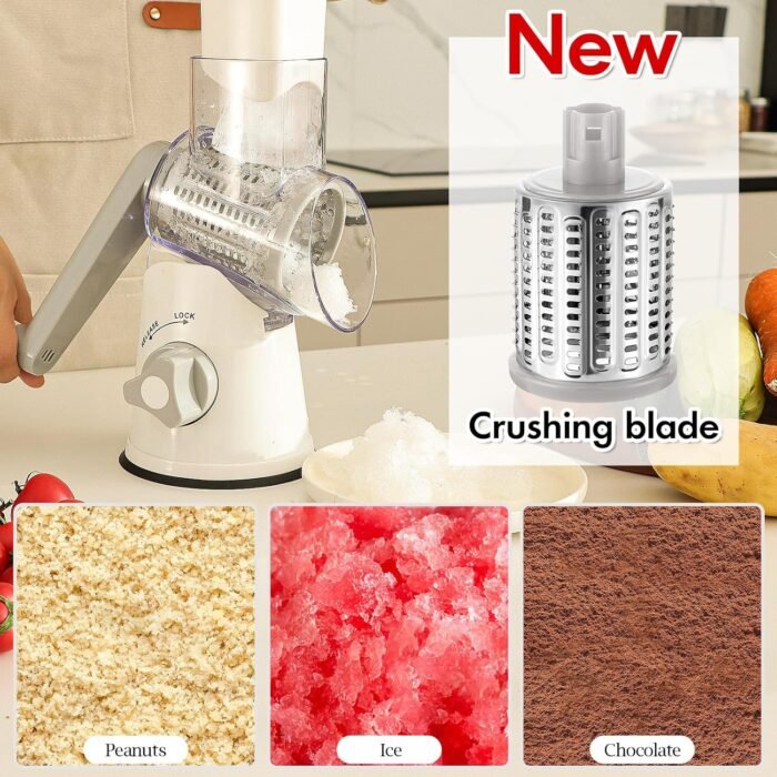 Ourokhome Rotary Cheese Grater Hand Crank, Kitchen Shredder Speed Mandolin Slicer Ice Shaver with Handle and Drum Blades for Cheese, Vegetable, Nuts, Chocolate, Potato, Carrot, 5 Blades, White - Image 4